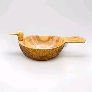 Hand Carved Wood Duck Bird Bowl Yugoslavian Folk Art MCM Trinket Dish Vintage